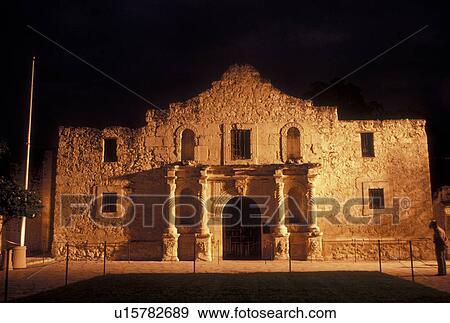 Stock Photo -  San Antonio, The Alamo, TX, Texas, The Alamo, Mission San Antonio de Valero, is illuminated at night in San Antonio. . Fotosearch