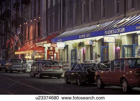 Savannah, GA, Georgia, Shops along the Historic River Front in the evening in Savannah. View Large Photo Image Stock Image - Savannah, GA, Georgia, Shops along the Historic River Front in the evening in Savannah. . Fotosearch