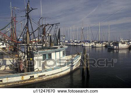 Stock Image -  shrimp boat, Mississippi, MS, Christian, Shrimp boats docked in the harbor of the Gulf of Mexico in Christian.. Fotosearch