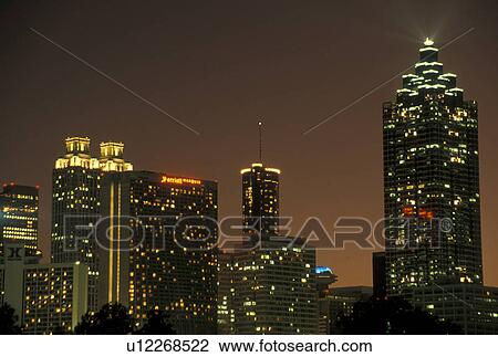 Stock Image -  skyline, Atlanta, GA, Georgia, Skyline of downtown Atlanta at night.. Fotosearch