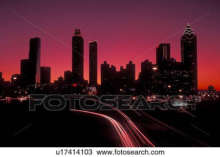 skyline, Atlanta, Georgia, GA, Skyline of downtown Atlanta and traffic from Jackson Street at sunset. View Large Photo Image Stock Image - skyline, Atlanta, Georgia, GA, Skyline of downtown Atlanta and traffic from Jackson Street at sunset. . Fotosearch