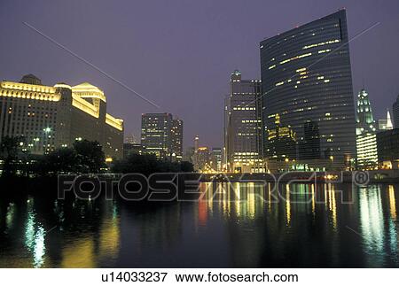 skyline, Chicago, IL, Illinois, Chicago River, Reflection of the skyline of downtown Chicago in the Chicago River at night. View Large Photo Image Stock Photo - skyline, Chicago, IL, Illinois, Chicago River, Reflection of the skyline of downtown Chicago in the Chicago River at night.. Fotosearch