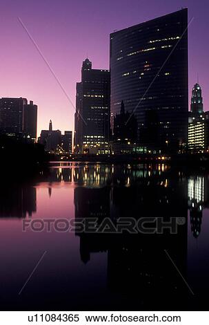 skyline, Chicago, IL, Illinois, Chicago River, downtown, Reflection of the skyline of downtown Chicago in the Chicago River at night. View Large Photo Image Stock Photography - skyline, Chicago, IL, Illinois, Chicago River, downtown, Reflection of the skyline of downtown Chicago in the Chicago River at night.. Fotosearch