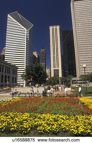 skyline, Chicago, IL, Illinois, Skyline of downtown Chicago from Grant Park adorned with flowers. View Large Photo Image Stock Photography - skyline, Chicago, IL, Illinois, Skyline of downtown Chicago from Grant Park adorned with flowers.. Fotosearch