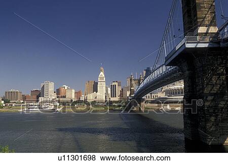 skyline, Cincinnati, OH, bridge, Ohio, Ohio River, Downtown skyline of Cincinnati and John A. Roebling Suspension Bridge crossing the Ohio River. View Large Photo Image Stock Photo - skyline, Cincinnati, OH, bridge, Ohio, Ohio River, Downtown skyline of Cincinnati and John A. Roebling Suspension Bridge crossing the Ohio River.. Fotosearch