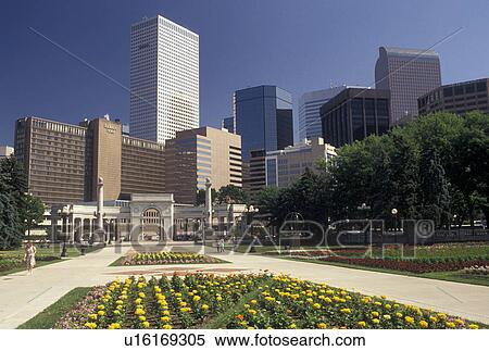 skyline, Denver, CO, Colorado, Skyline of downtown Denver from Civic Center Park adorned with flowers. View Large Photo Image Stock Photography - skyline, Denver, CO, Colorado, Skyline of downtown Denver from Civic Center Park adorned with flowers.. Fotosearch