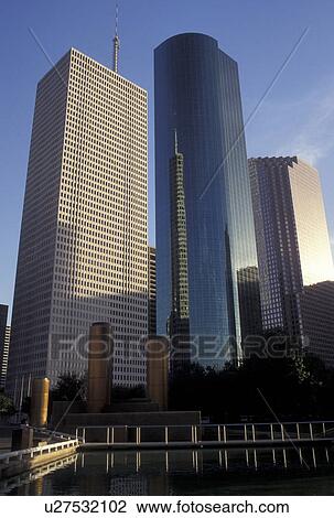 skyline, Houston, TX, Texas, Fountain at Tranquility Park with high-rise buildings in downtown Houston. View Large Photo Image Stock Image - skyline, Houston, TX, Texas, Fountain at Tranquility Park with high-rise buildings in downtown Houston.. Fotosearch