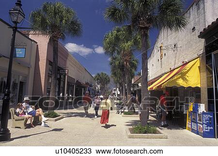 Stock Image -  St. Augustine, FL, Florida, Shops along St. George Street in The Old City in Saint Augustine.. Fotosearch