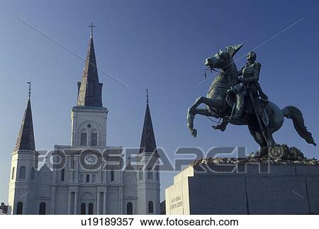 St. Louis Cathedral, New Orleans, LA, French Quarter, Louisiana, Equestrian statue of Andrew Jackson outside the Saint Louis Cathedral in Jackson Square in New Orleans. View Large Photo Image Stock Photo - St. Louis Cathedral, New Orleans, LA, French Quarter, Louisiana, Equestrian statue of Andrew Jackson outside the Saint Louis Cathedral in Jackson Square in New Orleans. . Fotosearch