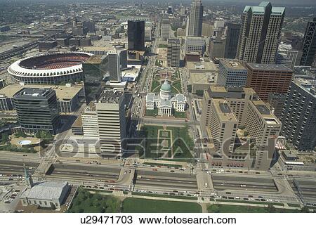Stock Image -  St. Louis, MO, Missouri, Aerial view of the city of Saint Louis from the Gateway Arch. . Fotosearch