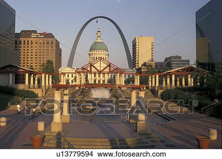 St. Louis, MO, Missouri, View of the Gateway Arch and Old Courthouse from Kiener Plaza in downtown Saint Louis. View Large Photo Image Picture - St. Louis, MO, Missouri, View of the Gateway Arch and Old Courthouse from Kiener Plaza in downtown Saint Louis. . Fotosearch