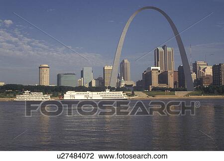 Stock Image -  St. Louis, MO, Missouri, View of the skyline of downtown Saint Louis and Gateway Arch from the Mississippi River. Fotosearch