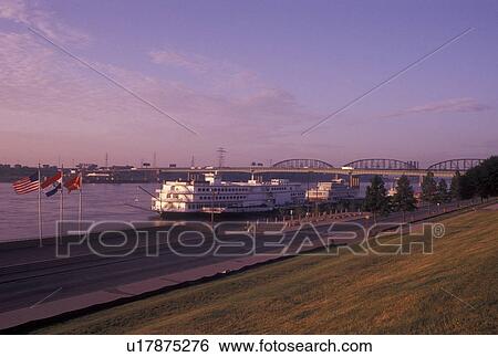 Stock Photograph -  St. Louis, MO, Missouri, View of the Mississippi River in Saint Louis at sunrise.. Fotosearch
