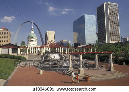 St. Louis, MO, Missouri, View of the Gateway Arch and Old Courthouse from Kiener Plaza in downtown Saint Louis. View Large Photo Image Stock Photography - St. Louis, MO, Missouri, View of the Gateway Arch and Old Courthouse from Kiener Plaza in downtown Saint Louis. . Fotosearch