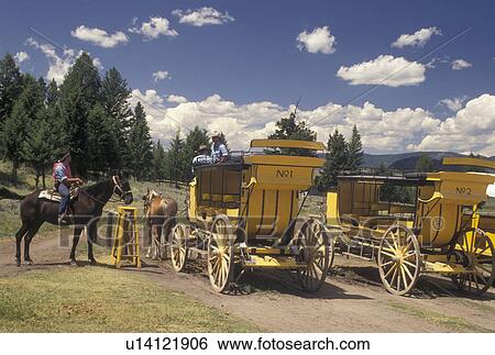 Stock Photograph -  stage coach, Yellowstone National Park, WY, Tower Junction, Wyoming, Stage Coach Ride at Tower-Roosevelt in Yellowstone Nat'l Park in Wyoming. . Fotosearch
