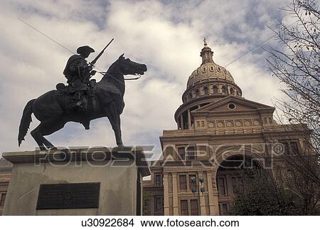 Picture -  State Capitol, Austin, TX, State House, Texas, Pompeo Coppini's statue of a Terry's Texas Ranger outside the Texas State Capitol Building in the capital city of Austin.. Fotosearch