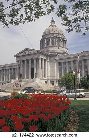 Stock Image -  State Capitol, Jefferson City, MO, State House, Missouri, Red tulips decorate the grounds of the Missouri State Capitol in Jefferson City in the spring.. Fotosearch