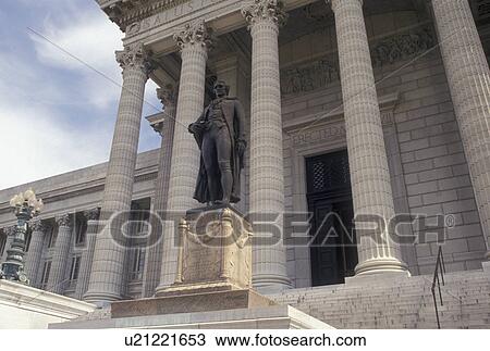 Stock Image -  State Capitol, Jefferson City, MO, State House, Missouri, Statue of Thomas Jefferson on the front steps of the Missouri State Capitol in Jefferson City in the spring.. Fotosearch