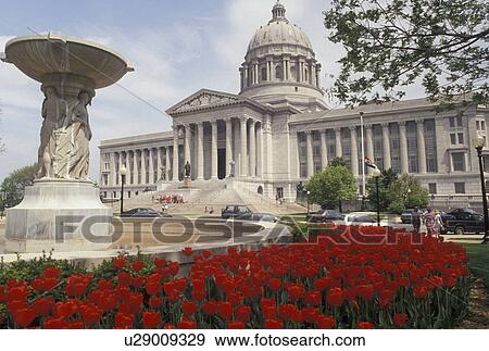 Stock Photo -  State Capitol, Jefferson City, MO, State House, Missouri, Red tulips decorate the grounds of the Missouri State Capitol in Jefferson City in the spring.. Fotosearch