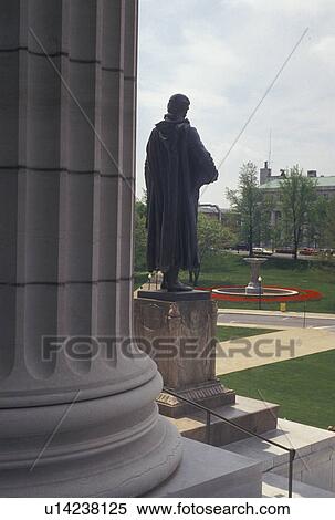 Stock Photography -  State Capitol, Jefferson City, MO, State House, Missouri, Statue of Thomas Jefferson on the front steps of the Missouri State Capitol in Jefferson City in the spring.. Fotosearch