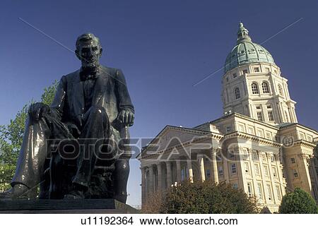 Picture -  State Capitol, Topeka, State House, KS, Kansas, Statue of Abraham Lincoln on the grounds of the Kansas State Capitol in the capital city of Topeka.. Fotosearch