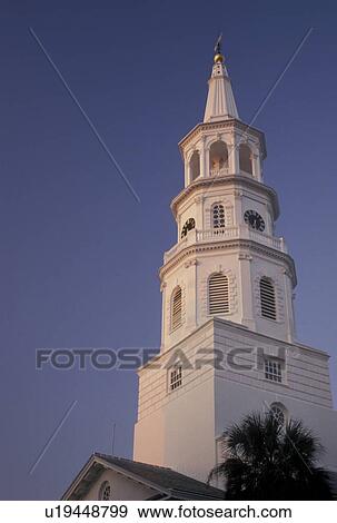 steeple, church, Charleston, South Carolina, SC, St. Michael's Episcopal Church along Broad Street in downtown Charleston. View Large Photo Image Stock Photo - steeple, church, Charleston, South Carolina, SC, St. Michael's Episcopal Church along Broad Street in downtown Charleston.. Fotosearch