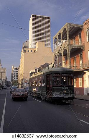 streetcar, New Orleans, Louisiana, LA, St. Charles Avenue Streetcar travels along Carondelet Street in downtown New Orleans. View Large Photo Image Stock Photo - streetcar, New Orleans, Louisiana, LA, St. Charles Avenue Streetcar travels along Carondelet Street in downtown New Orleans.. Fotosearch