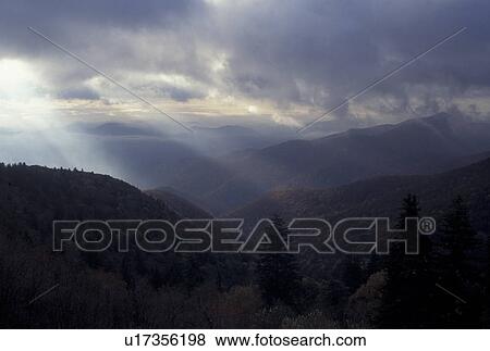Stock Photo -  sun rays, Blue Ridge, mountains, Pisgah National Forest, NC, North Carolina, Scenic view of the sunrays over the mountains at sunrise in Pisgah National Forest in North Carolina.. Fotosearch