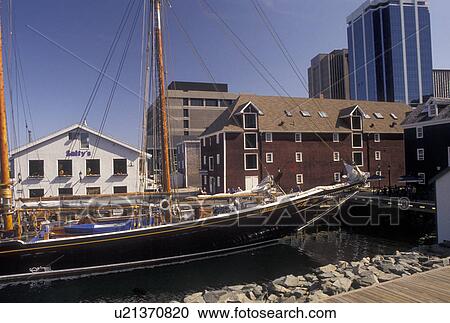 Stock Image -  tall ship, Halifax, Nova Scotia, NS, Canada, Atlantic Ocean, Halifax Harbour, Bluenose II docked at Privateers Wharf on the Halifax Waterfront in the city of Halifax in Nova Scotia. . Fotosearch