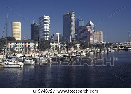 Stock Photo -  Tampa, skyline, FL, Tampa Bay, Florida, Skyline of downtown Tampa and marina on Hillsborough Bay.. Fotosearch