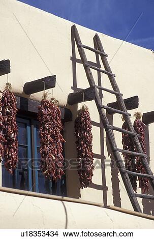 Picture -  Taos, chili peppers, NM, New Mexico, Clusters of chili peppers drying outside an adobe style building in the village of Taos.. Fotosearch
