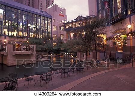 Picture -  The Riverwalk, San Antonio, TX, Texas, River Center at Paseo Del Rio, The Riverwalk, in downtown San Antonio in the evening. . Fotosearch