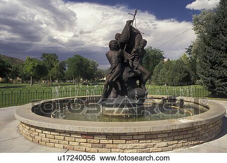 Stock Photograph -  Thermopolis, WY, Wyoming, Gift of the Smoking Water statue in the town of Thermopolis in the state of Wyoming.. Fotosearch