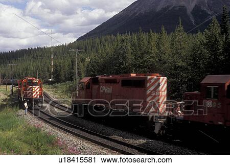 Stock Image -  train, Yoho National Park, Canada, British Columbia, Canadian Rockies, Canadian Pacific Railway Trains at Kicking Horse Pass in Yoho National Park in British Columbia.. Fotosearch
