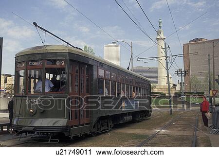 Stock Image -  trolley, New Orleans, Louisiana, LA, St. Charles Avenue Streetcar at Lee Circle in downtown New Orleans.. Fotosearch