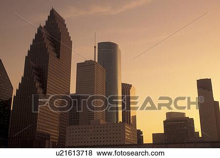 TX, Houston, skyline, Texas, Skyline of downtown Houston at sunset. View Large Photo Image Stock Photo - TX, Houston, skyline, Texas, Skyline of downtown Houston at sunset.. Fotosearch