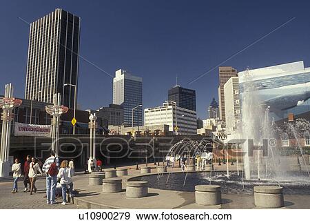 Stock Photo -  Underground Atlanta, skyline, Atlanta, Georgia, GA, Fountain outside Underground Atlanta and a view of the downtown skyline of Atlanta. . Fotosearch
