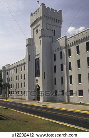 Stock Image -  university, military college, The Citadel, Charleston, South Carolina, SC, Building on the campus of The Military College of South Carolina in Charleston in the spring.. Fotosearch