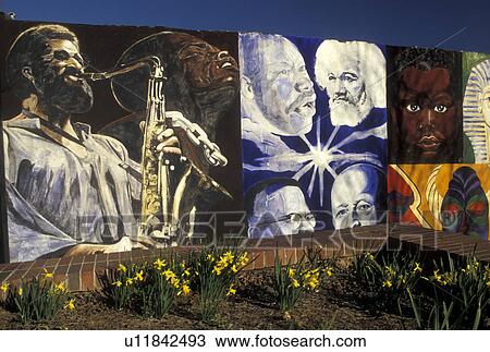 Stock Image -  wall mural, African-American, Atlanta, GA, Georgia, Wall of Respect mural in Atlanta.. Fotosearch