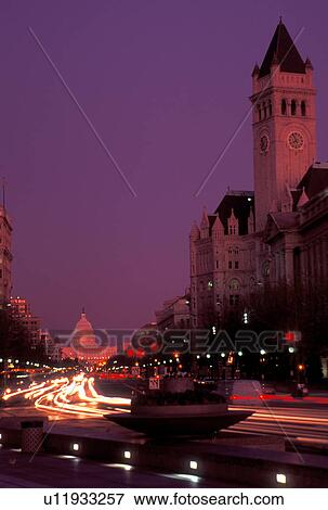 Washington, DC, Pennsylvania Avenue, District of Columbia, View of the Old Post Office Pavilion and The U. S. Capitol Building on Pennsylvania Avenue at night in downtown Washington, D. C. View Large Photo Image Stock Photo - Washington, DC, Pennsylvania Avenue, District of Columbia, View of the Old Post Office Pavilion and The U. S. Capitol Building on Pennsylvania Avenue at night in downtown Washington, D. C.. Fotosearch
