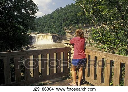 waterfall, Cumberland Falls, KY, Corbin, Kentucky, Woman on observation deck looking out at Cumberland Falls on the Cumberland River in Cumberland Falls State Resort Park in Corbin. View Large Photo Image Picture - waterfall, Cumberland Falls, KY, Corbin, Kentucky, Woman on observation deck looking out at Cumberland Falls on the Cumberland River in Cumberland Falls State Resort Park in Corbin.. Fotosearch