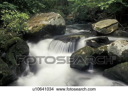 Picture -  waterfalls, Joyce Kilmer Memorial Forest, Nantahala National Forest, NC, North Carolina, Water cascades over rocks on a scenic river in Joyce Kilmer Memorial Forest.. Fotosearch