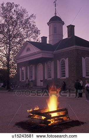Williamsburg, VA, Colonial Williamsburg, Virginia, Campfire outside the Courthouse in Market Square for Good Neighbors Night in the 18th century village of Colonial Williamsburg in Colonial Williamsburg Historic Area. View Large Photo Image Stock Image - Williamsburg, VA, Colonial Williamsburg, Virginia, Campfire outside the Courthouse in Market Square for Good Neighbors Night in the 18th century village of Colonial Williamsburg in Colonial Williamsburg Historic Area.. Fotosearch
