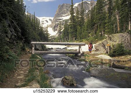woman hiking, Rocky Mountain Nat'l Park, CO, Colorado, Woman hiking with a backpack on a trail along a scenic river near Odessa Lake in Rocky Mountain National Park. View Large Photo Image Stock Photo - woman hiking, Rocky Mountain Nat'l Park, CO, Colorado, Woman hiking with a backpack on a trail along a scenic river near Odessa Lake in Rocky Mountain National Park.. Fotosearch