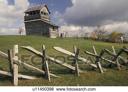 Stock Photo -  wood fence, Pioneer Cabin, VA, Virginia, Blue Ridge, Pioneer Cabin on Groundhog Mountain along the Blue Ridge Parkway in autumn in Virginia.. Fotosearch
