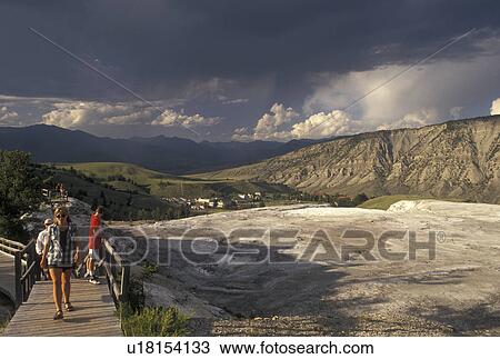 Yellowstone National Park, Mammoth Hot Springs, WY, Wyoming, People on boardwalk at Mammoth Hot Springs in Yellowstone Nat'l Park in Wyoming. View Large Photo Image Stock Image - Yellowstone National Park, Mammoth Hot Springs, WY, Wyoming, People on boardwalk at Mammoth Hot Springs in Yellowstone Nat'l Park in Wyoming. . Fotosearch