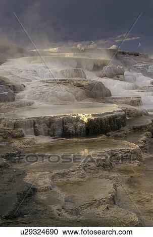 Stock Image -  Yellowstone National Park, Mammoth Hot Springs, WY, Wyoming, Canary Springs, a terrace-like formation created by limestone deposits, at Mammoth Hot Springs in Yellowstone Nat'l Park in Wyoming. . Fotosearch