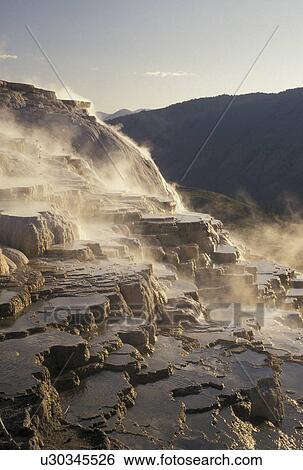 Stock Photograph -  Yellowstone National Park, Mammoth Hot Springs, WY, Wyoming, Canary Springs, a terrace-like formation created by limestone deposits, at Mammoth Hot Springs in Yellowstone Nat'l Park in Wyoming. . Fotosearch
