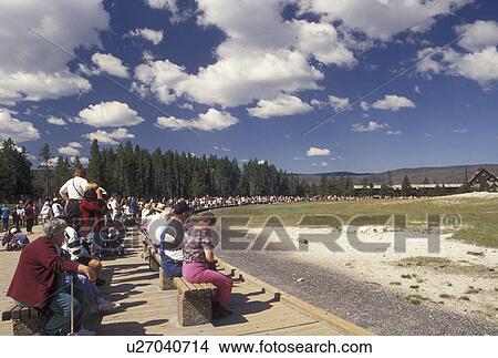 Picture -  Yellowstone National Park, WY, geyser, Old Faithful, Wyoming, A crowd of people watching Old Faithful erupt in Yellowstone Nat'l Park in Wyoming.. Fotosearch