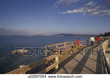 Yellowstone National Park, WY, Wyoming, People walking on the boardwalk next to Fishing Cone on Yellowstone Lake at West Thumb Geyser Basin in Yellowstone Nat'l Park in Wyoming. View Large Photo Image Picture - Yellowstone National Park, WY, Wyoming, People walking on the boardwalk next to Fishing Cone on Yellowstone Lake at West Thumb Geyser Basin in Yellowstone Nat'l Park in Wyoming.. Fotosearch